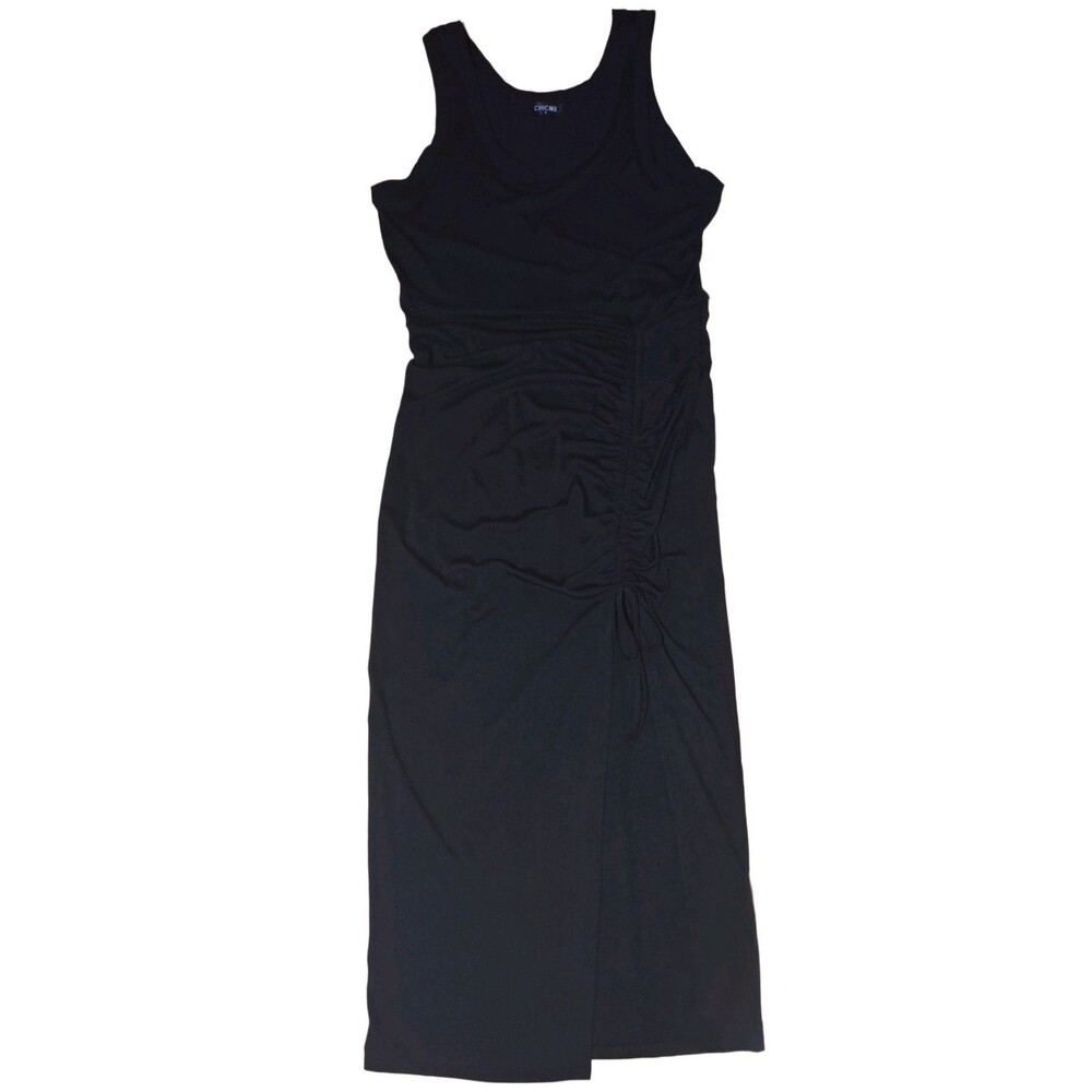 CHICME Women's Black Sleeveless Ruched Knit Stretch Bodycon Midi Dress L